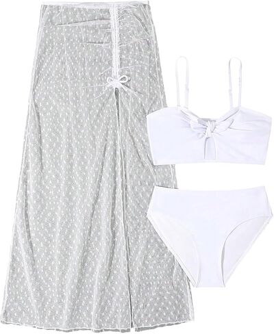 OYOANGLE Girl's 3 Piece Bikini Set Tie Front High Waist Bathing Suit with Mesh Beach Skirts Swimwear in Saudi Arabia