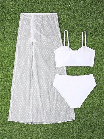 OYOANGLE Girl's 3 Piece Bikini Set Tie Front High Waist Bathing Suit with Mesh Beach Skirts Swimwear in Saudi Arabia