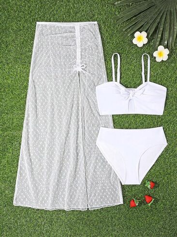 OYOANGLE Girl's 3 Piece Bikini Set Tie Front High Waist Bathing Suit with Mesh Beach Skirts Swimwear in Saudi Arabia