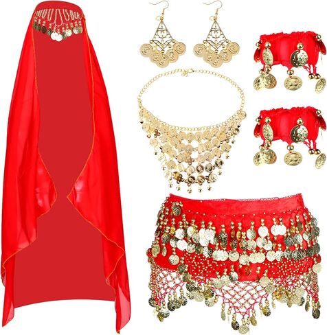 Ujuuu 8-Sets المرأة الرقص الشرقي الزي الرقص الشرقي وشاح الورك التفاف عملة ذهبية قطرة قلادة أقراط سوار in Kuwait