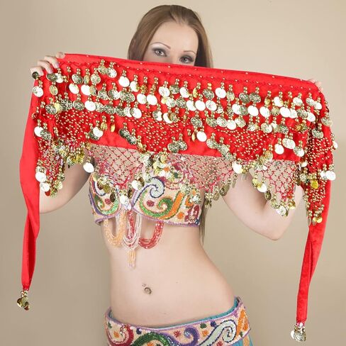 Ujuuu 8-Sets المرأة الرقص الشرقي الزي الرقص الشرقي وشاح الورك التفاف عملة ذهبية قطرة قلادة أقراط سوار in Kuwait