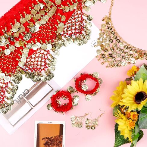 Ujuuu 8-Sets المرأة الرقص الشرقي الزي الرقص الشرقي وشاح الورك التفاف عملة ذهبية قطرة قلادة أقراط سوار in Kuwait