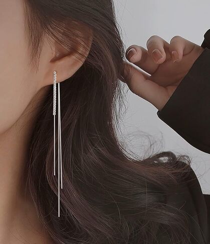 سلينز اقراط متدلية من الفضة الاسترليني عيار 925 مرصعة بحجر الزركونيا المكعب للنساء والفتيات المراهقات، اقراط طويلة متدلية بشراشيب مع ظهر سلسلة ثعبان in Kuwait