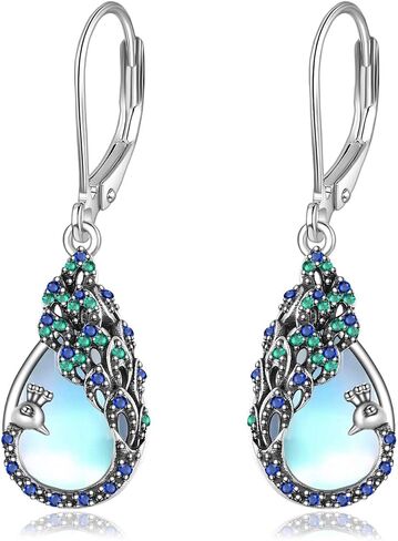DAYLINLOVE الطاووس هدايا للنساء فضة Moonstone الطاووس أقراط الطاووس الطيور ريشة مجوهرات للفتيات in Kuwait