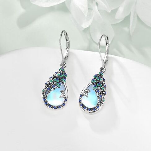 DAYLINLOVE الطاووس هدايا للنساء فضة Moonstone الطاووس أقراط الطاووس الطيور ريشة مجوهرات للفتيات in Kuwait
