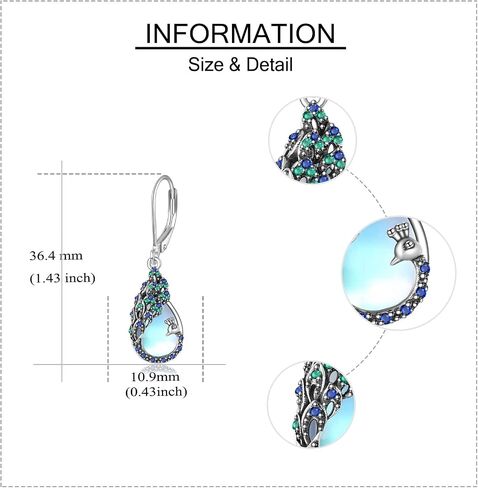DAYLINLOVE الطاووس هدايا للنساء فضة Moonstone الطاووس أقراط الطاووس الطيور ريشة مجوهرات للفتيات in Kuwait