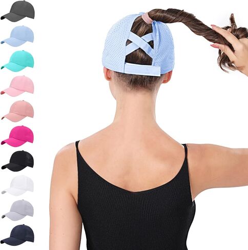 New Upgraded Women Criss Cross Hat High Ponytail Baseball Caps Adjustable High Messy Bun Ponycap Trucker Hats in Kuwait