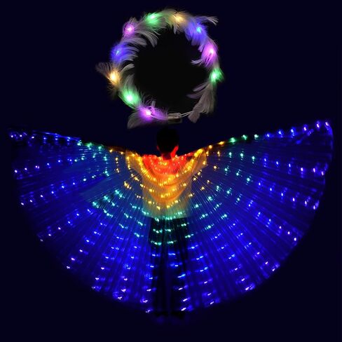 LED Isis Wings Set, Belly Dance Light Up Wings + Luminous Wreath, Colorful Glow Angel Dance Wings with Telescopic Sticks for Carnival, Stage, Halloween, Christmas(Colorful) in Kuwait