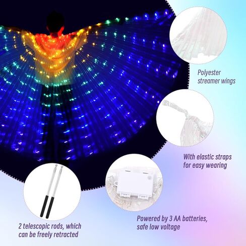LED Isis Wings Set, Belly Dance Light Up Wings + Luminous Wreath, Colorful Glow Angel Dance Wings with Telescopic Sticks for Carnival, Stage, Halloween, Christmas(Colorful) in Kuwait
