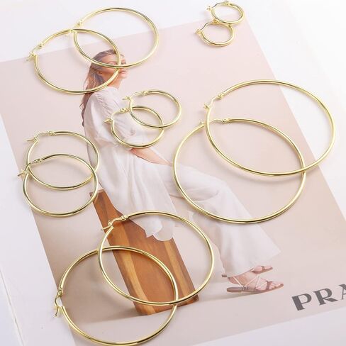 6 أزواج من الأقراط المطلية بالذهب عيار 14 قيراط والفضة الإسترلينية عيار 925 مجموعة من الأقراط الذهبية الضخمة لا تسبب الحساسية وخفيفة الوزن للنساء والفتيات (20/30/40/50/60/70 ملم) in Kuwait