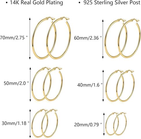 6 أزواج من الأقراط المطلية بالذهب عيار 14 قيراط والفضة الإسترلينية عيار 925 مجموعة من الأقراط الذهبية الضخمة لا تسبب الحساسية وخفيفة الوزن للنساء والفتيات (20/30/40/50/60/70 ملم) in Kuwait