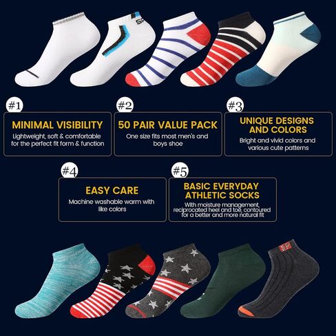Mepase 100 Pairs Men Ankle Socks Low Cut No Show Socks Anti Slid Athletic Casual Socks in Assorted Patterns for Men Teen Boys in Saudi Arabia