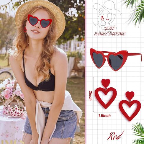 Double Heart Earrings Dangling Heart Drop Earrings For Women & Heart Shaped Sunglasses Set, Chic Outfit Jewelry Fan Gifts in Kuwait