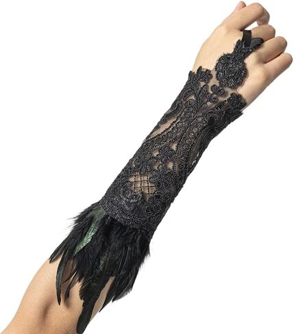 Bmirth Feather Black Gloves Fingerless Long Gloves Gold Rhinestone Floral Lace Gloves Arm Sleeves Nightclub Party 1PCS in Kuwait
