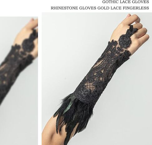 Bmirth Feather Black Gloves Fingerless Long Gloves Gold Rhinestone Floral Lace Gloves Arm Sleeves Nightclub Party 1PCS in Kuwait