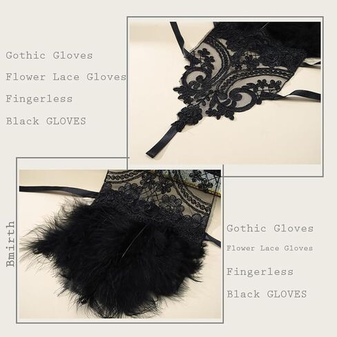 Bmirth Feather Black Gloves Fingerless Long Gloves Gold Rhinestone Floral Lace Gloves Arm Sleeves Nightclub Party 1PCS in Kuwait