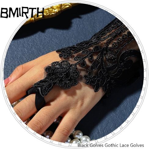 Bmirth Feather Black Gloves Fingerless Long Gloves Gold Rhinestone Floral Lace Gloves Arm Sleeves Nightclub Party 1PCS in Kuwait
