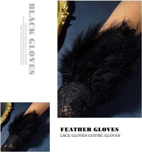 Bmirth Feather Black Gloves Fingerless Long Gloves Gold Rhinestone Floral Lace Gloves Arm Sleeves Nightclub Party 1PCS in Kuwait