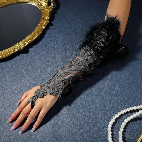 Bmirth Feather Black Gloves Fingerless Long Gloves Gold Rhinestone Floral Lace Gloves Arm Sleeves Nightclub Party 1PCS in Kuwait
