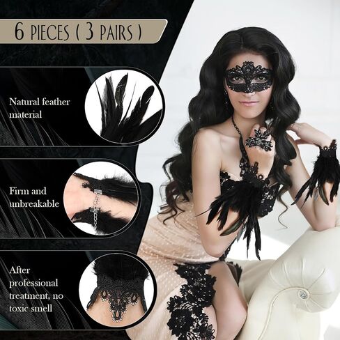 Panitay 3 أزواج المرأة ريشة الدانتيل قفازات طويلة Steampunk القوطية قفازات تمتد الساحرة شبكة صفعة عيد الهالوين حفل زفاف (أسود، 7.87 بوصة) in Kuwait