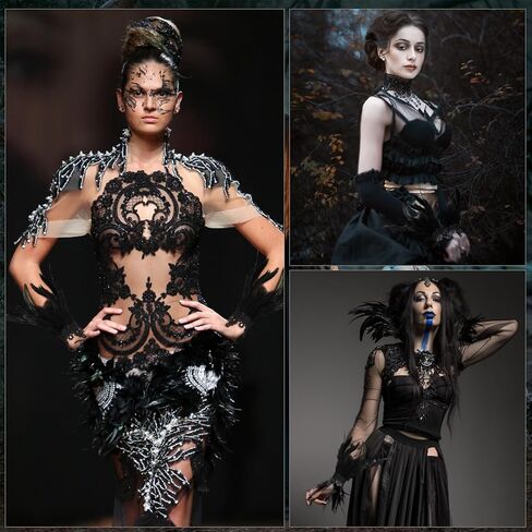 Panitay 3 أزواج المرأة ريشة الدانتيل قفازات طويلة Steampunk القوطية قفازات تمتد الساحرة شبكة صفعة عيد الهالوين حفل زفاف (أسود، 7.87 بوصة) in Kuwait