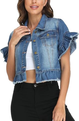 MISS MOLY Women's Denim Jacket Ruffle Sleeve Button Down Distressed Summer Cropped Jean Jackets in Kuwait