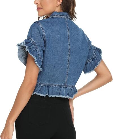 MISS MOLY Women's Denim Jacket Ruffle Sleeve Button Down Distressed Summer Cropped Jean Jackets in Kuwait