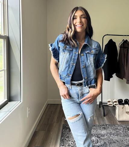 MISS MOLY Women's Denim Jacket Ruffle Sleeve Button Down Distressed Summer Cropped Jean Jackets in Kuwait