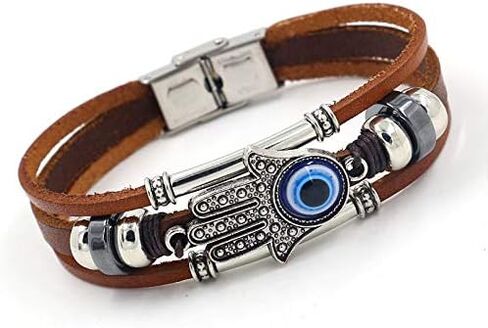 YWMAN Evil Eye Leather Bracelet - Three-Row Hamsa Hand Blue Eyes Wristband - Handmade Turkish Devil's Eye Bangle for Man in Kuwait