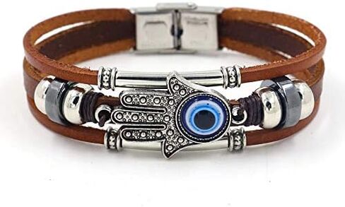 YWMAN Evil Eye Leather Bracelet - Three-Row Hamsa Hand Blue Eyes Wristband - Handmade Turkish Devil's Eye Bangle for Man in Kuwait