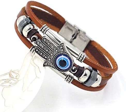YWMAN Evil Eye Leather Bracelet - Three-Row Hamsa Hand Blue Eyes Wristband - Handmade Turkish Devil's Eye Bangle for Man in Kuwait