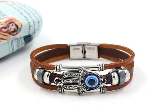 YWMAN Evil Eye Leather Bracelet - Three-Row Hamsa Hand Blue Eyes Wristband - Handmade Turkish Devil's Eye Bangle for Man in Kuwait