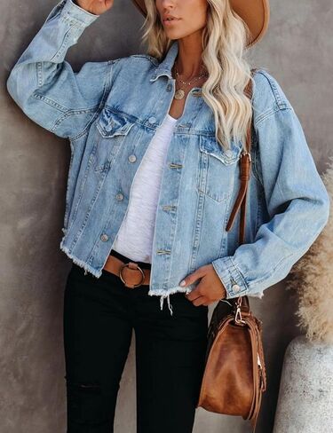 سترة FindThy النسائية من قماش الدنيم المضلع بأكمام طويلة وأزرار لأعلى مع حاشية منسلة in Kuwait