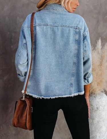 سترة FindThy النسائية من قماش الدنيم المضلع بأكمام طويلة وأزرار لأعلى مع حاشية منسلة in Kuwait