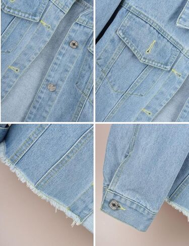 سترة FindThy النسائية من قماش الدنيم المضلع بأكمام طويلة وأزرار لأعلى مع حاشية منسلة in Kuwait