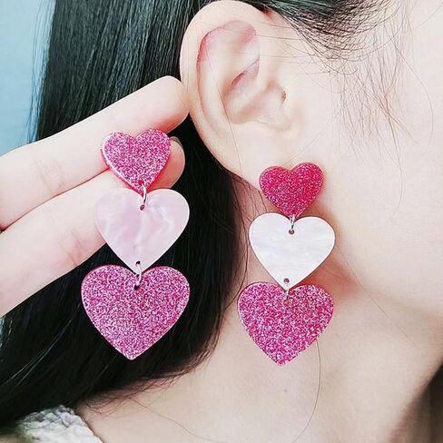Pink Heart Earrings for Women,Double Heart Drop Earrings Y2K Lover Heart Dangle Earrings Summer Beach Acrylic Candy-colored Earrings Valentine's Day Jewelry Gift in Kuwait
