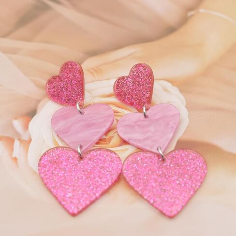 Pink Heart Earrings for Women,Double Heart Drop Earrings Y2K Lover Heart Dangle Earrings Summer Beach Acrylic Candy-colored Earrings Valentine's Day Jewelry Gift in Kuwait