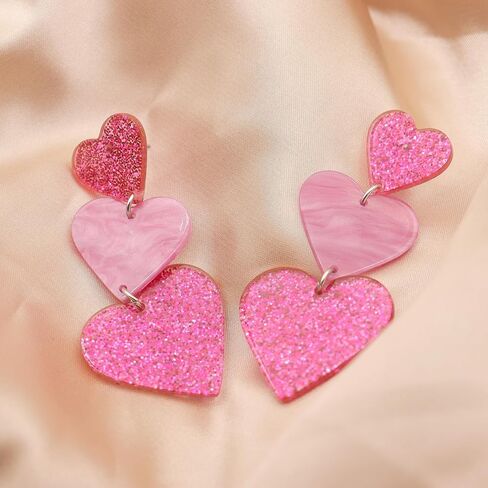 Pink Heart Earrings for Women,Double Heart Drop Earrings Y2K Lover Heart Dangle Earrings Summer Beach Acrylic Candy-colored Earrings Valentine's Day Jewelry Gift in Kuwait