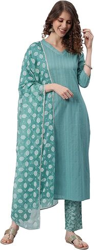 Janasya Women's Blue Cotton Kurta With Pant And Printed Dupatta in Saudi Arabia