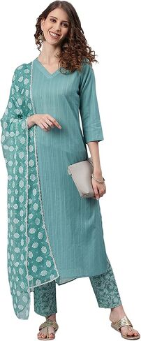 Janasya Women's Blue Cotton Kurta With Pant And Printed Dupatta in Saudi Arabia
