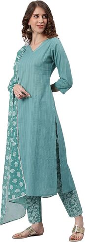 Janasya Women's Blue Cotton Kurta With Pant And Printed Dupatta in Saudi Arabia