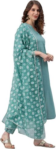 Janasya Women's Blue Cotton Kurta With Pant And Printed Dupatta in Saudi Arabia
