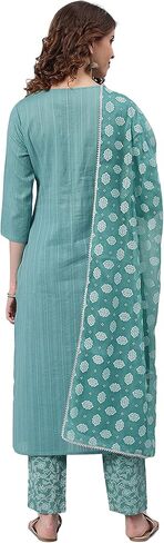 Janasya Women's Blue Cotton Kurta With Pant And Printed Dupatta in Saudi Arabia