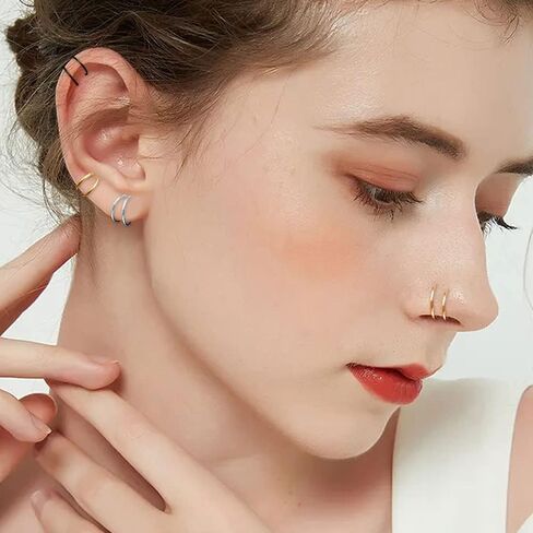 YUE L STAR 2-10Pcs Double Nose Rings Hoops Set Adjustable 18G 20G 8mm 316l Surgical Steel Spiral Nose Ring for Single Piercing Gold-Rose Gold-Black-Sliver-Rainbow in Saudi Arabia