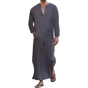 Jacansi Men's V-neck Short Sleeve Robe Side Split Kaftan Cotton Long Gown Thobe S-3XL in Saudi Arabia