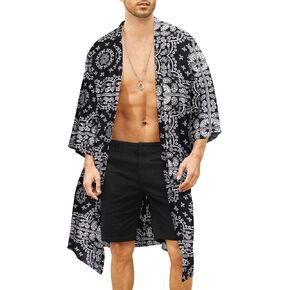 COOFANDY Men's Lightweight Kimono Robe Jacket Printed Japanese Style Bathrobes Casual Open Front Long Cardigan Coat Outwear