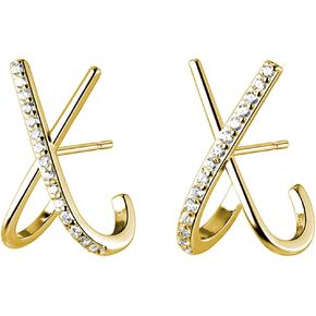 Reffeer Solid 925 Sterling Silver Letter X Cuff Earrings Piercings for Women Teen Girls CZ X Wrap Earrings Huggie Studs