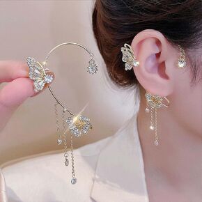 YRlilicc كريستال فراشة الأذن الأصفاد 2PCS غير مثقوب حجر الراين المتلألئ فراشة زهرة شرابة الأذن كليب أقراط الغضروف متسلق الأذن التفاف حفلة موسيقية الأذن مجوهرات للنساء (الذهب) in Kuwait
