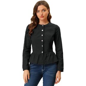 Allegra K Peplum Jackets for Women's Collarless Round Neck Button Down Cropped Ruffle Hem Coat