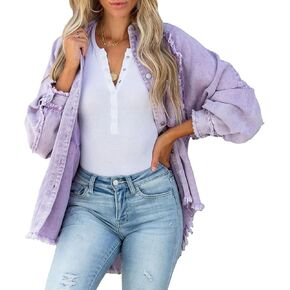 YUZIBAO Women's Oversized Denim Jacket Boyfriend Distressed Jean Jacket Button Up Frayed Hem Shacket in Kuwait